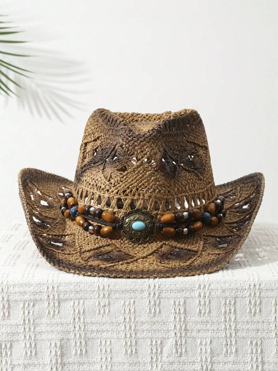 1Pcs Unisex Bead Decor Dyeing  - Cowboy Hat Straw review and price