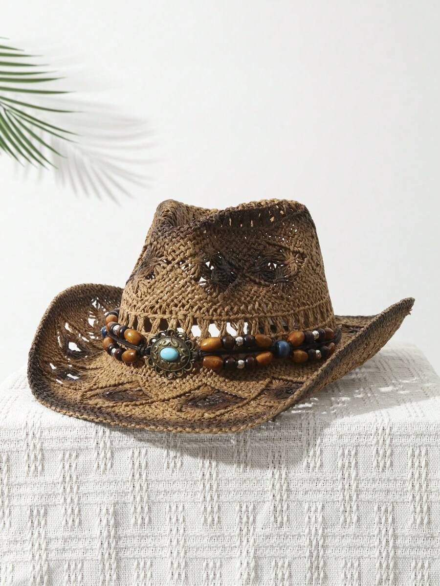 1Pcs Unisex Bead Decor Dyeing  - Cowboy Hat Straw review and price