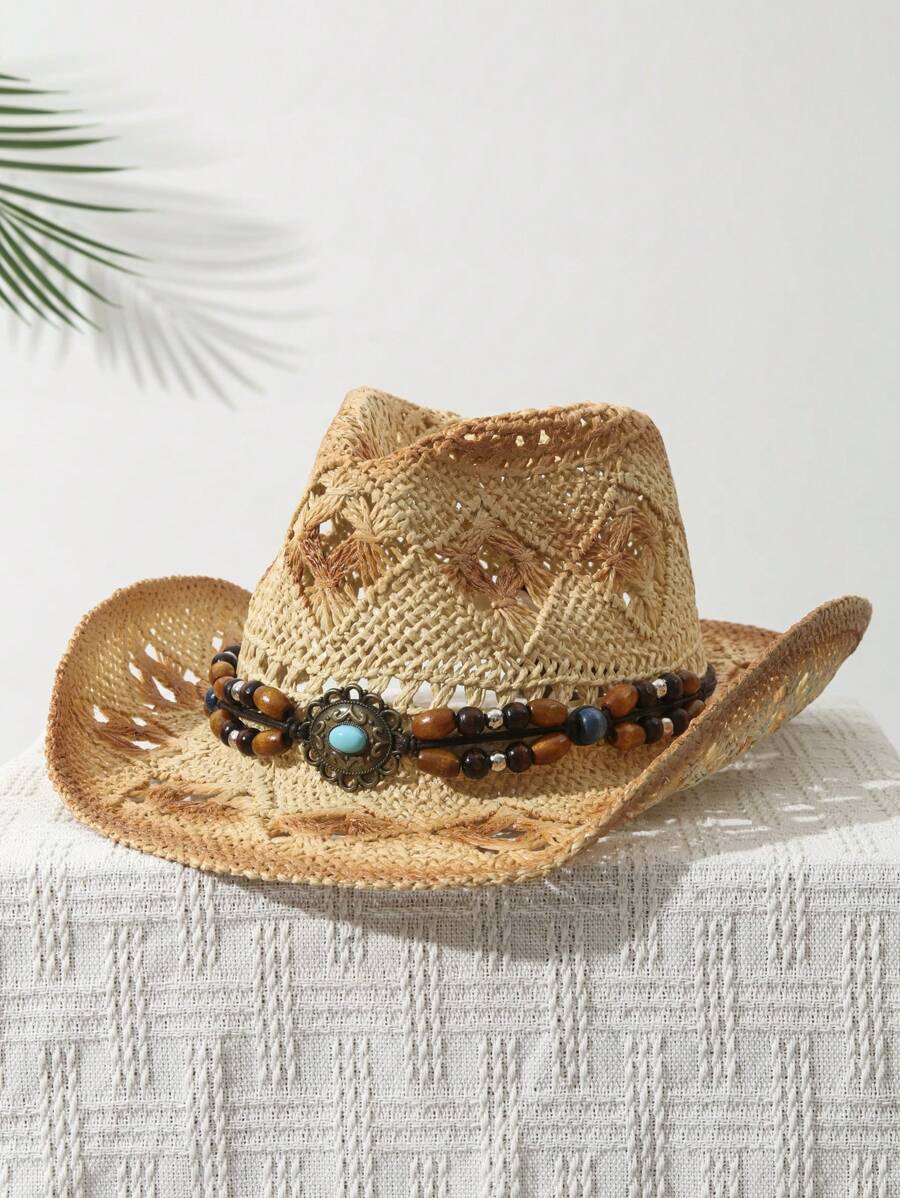 1Pcs Unisex Bead Decor Dyeing  - Cowboy Hat Straw review and price